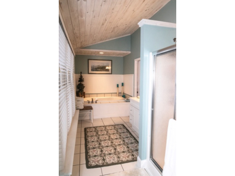 Master Bath has whirlpool tub and stand up shower and great view of towering red pines!